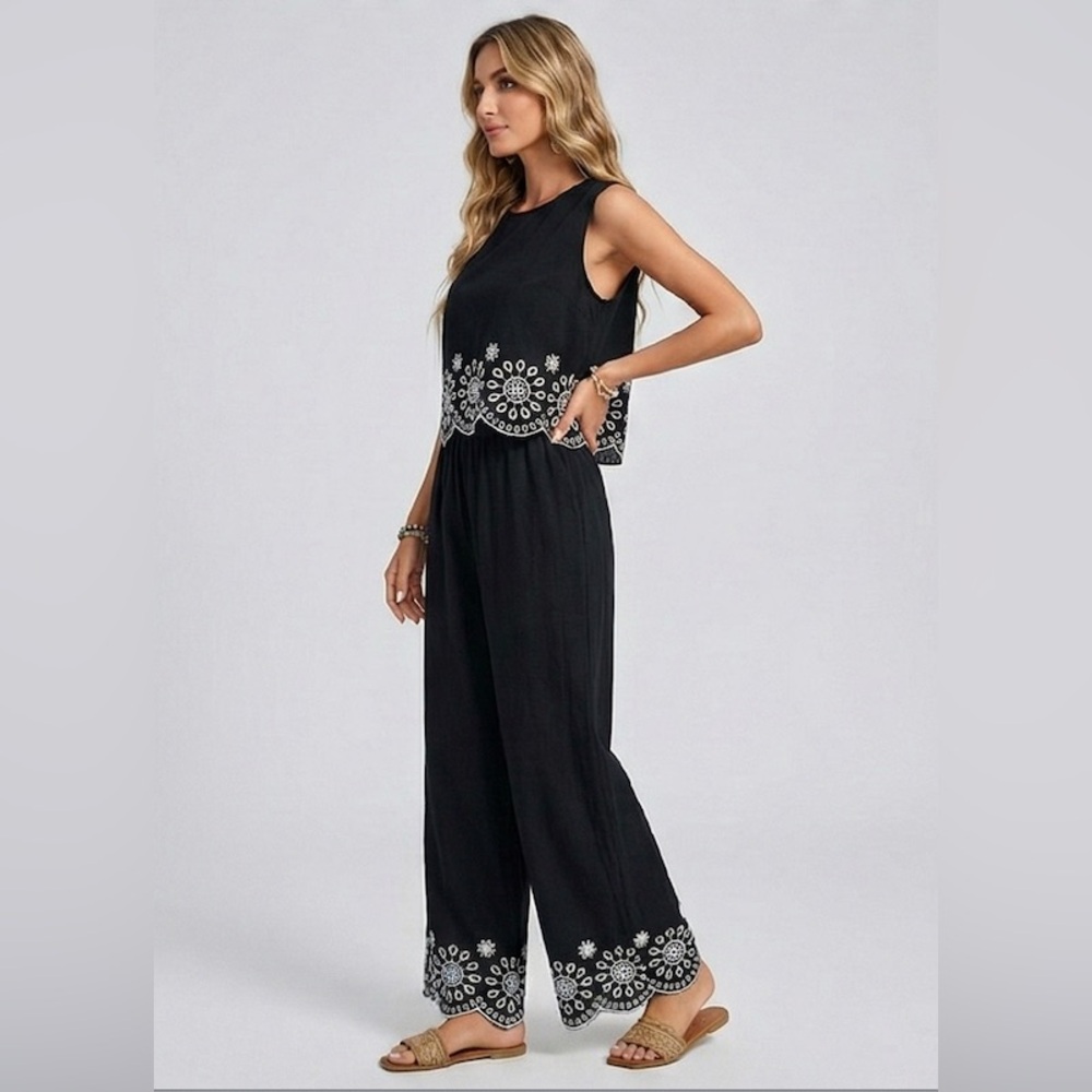 Boho Scalloped Hem Sleeveless Top & Wide Leg Pants Black - Picture 3 of 8